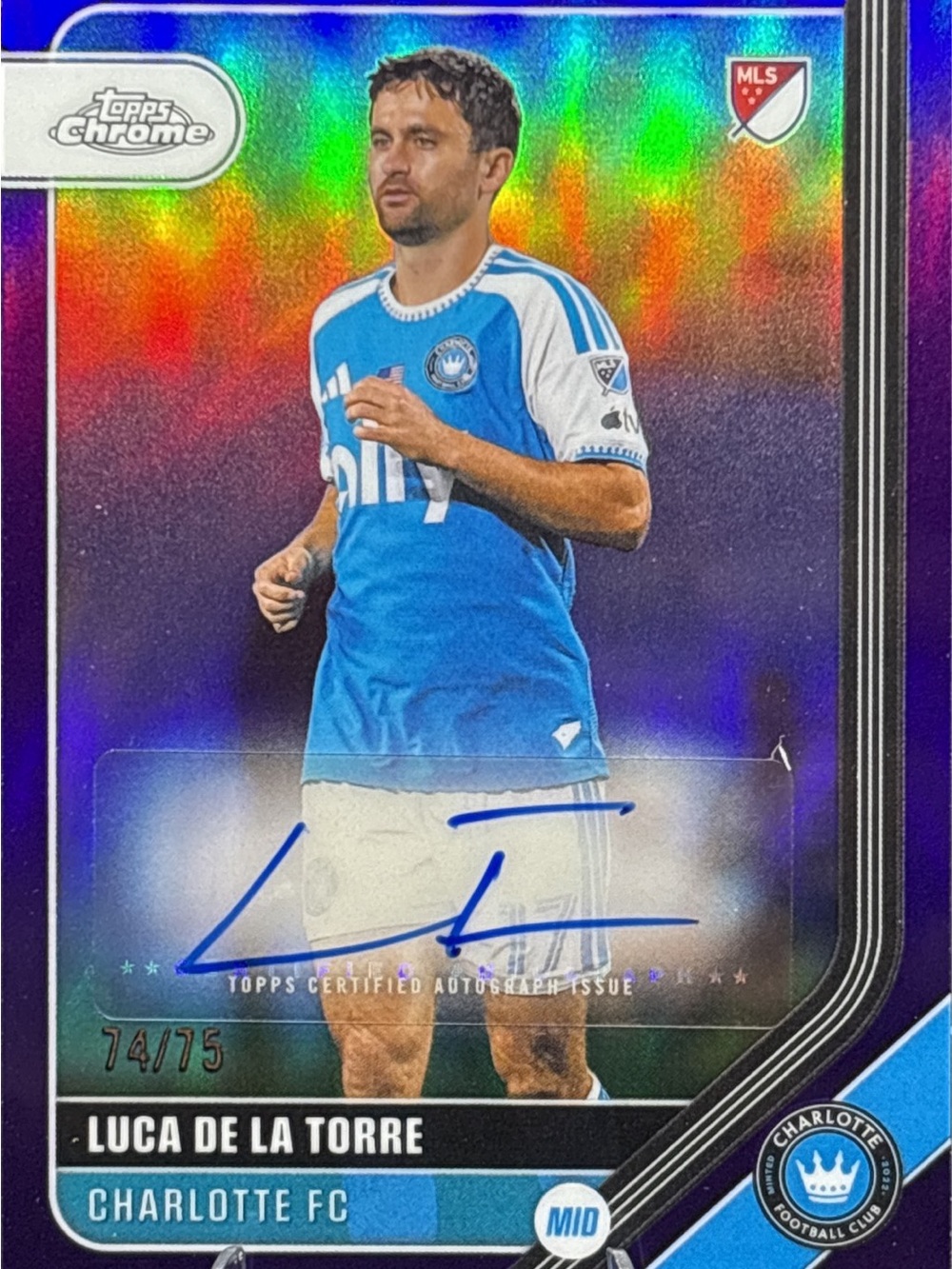 Topps Chrome Charlotte FC Luca De La Torre Auto Soccer Trading Card LE 74/75